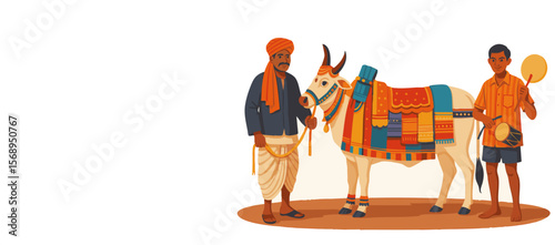 “Decorated Bull with Traditional South Indian Performers – Festival Folk Art Illustration,  boom boom cow
