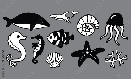 Marine Wonders: Explore the ocean's enchantment with this collection of striking marine creature illustrations, each meticulously designed in contrasting monochrome shades