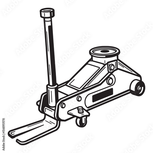 Illustrated black and white vector graphic of a detailed hydraulic floor jack for automotive use
