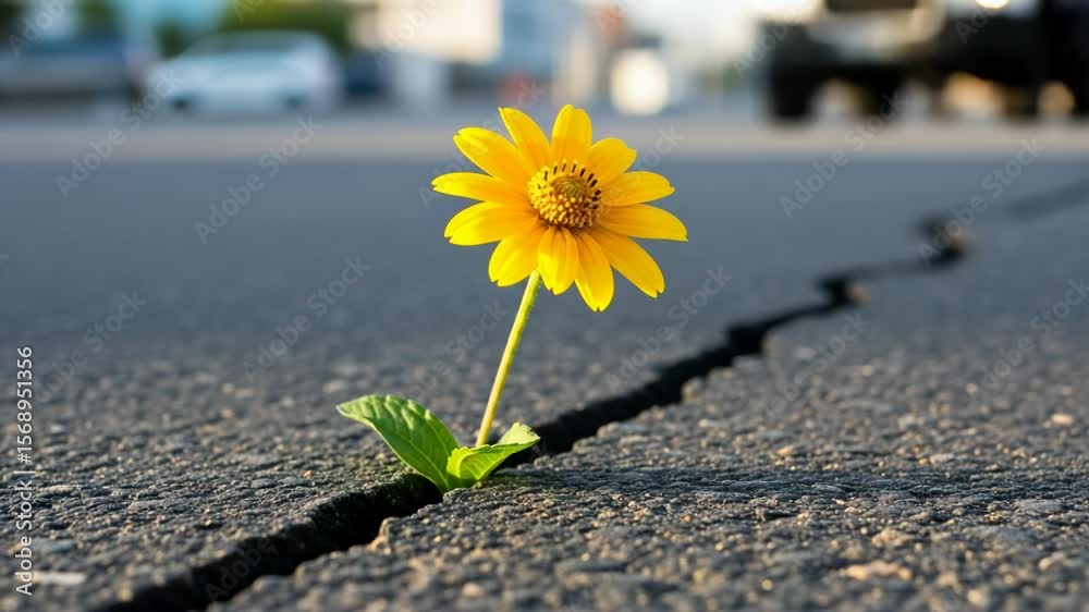 A yellow flower growing from a crack in the pavement