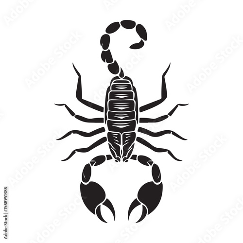 A minimalist silhouette vector of a scorpion, scorpion isolated on white background, Black and white scorpion silhouette, ideal for logos, branding, and wildlife themed digital art