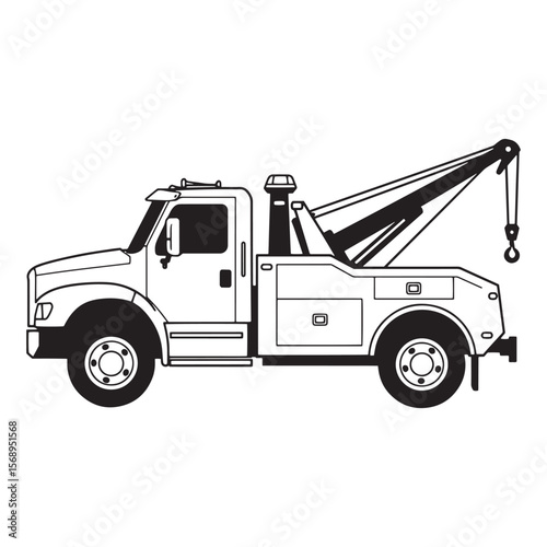 Illustration of a tow truck in black and white isolated on white background