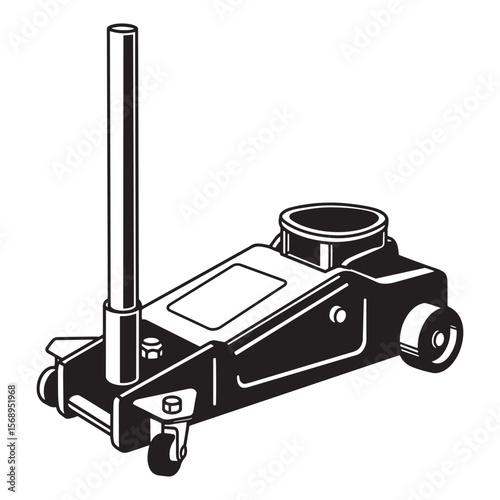 Isometric illustration of a black and white hydraulic car jack for automotive maintenance