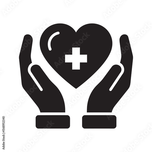 Healthcare support glyph icon showing hands holding a heart with a medical cross for health insurance charity wellness and life protection