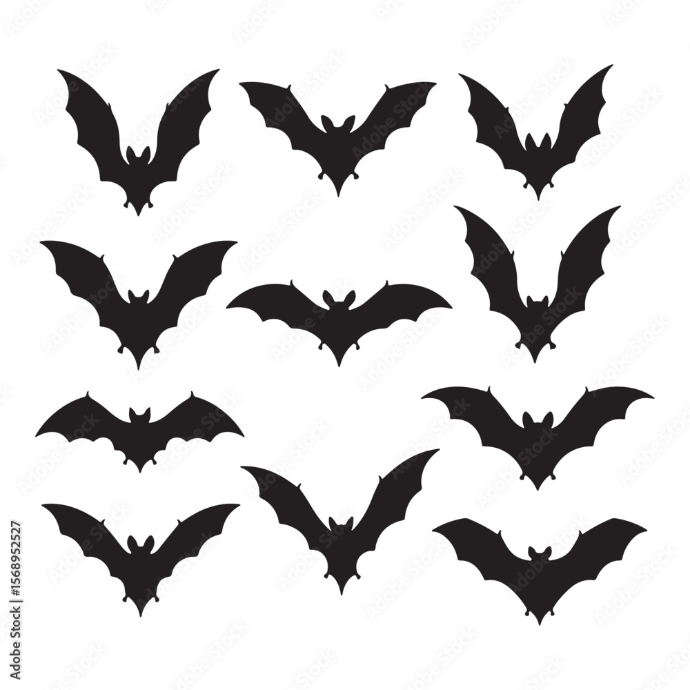 Naklejka premium Twelve Black Bat Silhouettes Arranged in a Grid on White Background Halloween Decorations Vector Graphics Clipart Bats Flying Night Animals Dark Creatures Gothic Style