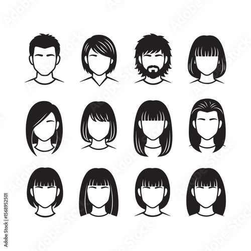 Twelve Black and White Simple Hairstyle Icons for Men and Women Short Long Bob Straight Bangs