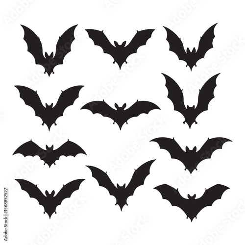 Twelve Black Bat Silhouettes Arranged in a Grid on White Background Halloween Decorations Vector Graphics Clipart Bats Flying Night Animals Dark Creatures Gothic Style