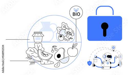 Assorted organic food, bio label, secured data lock, automation robot analyzing food safety. Ideal for food tech, organic farming, cybersecurity, AI, data privacy sustainability simple flat