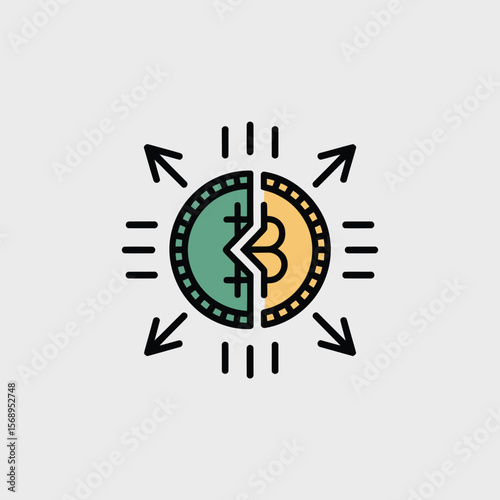 Minimalist Icon Depicting a Split Bitcoin Cryptocurrency Coin with Teal and Gold Halves Surrounded by Arrows Indicating Transactional Flow and Data Transfer