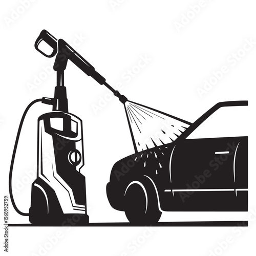 Monochrome illustration of a car being washed with a pressure washer for detailing services.