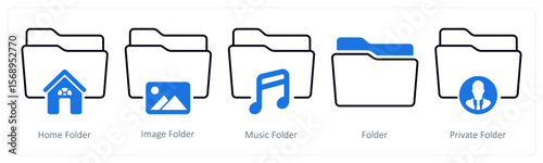 A set of 5 mix icons as home folder, image folder, music folder