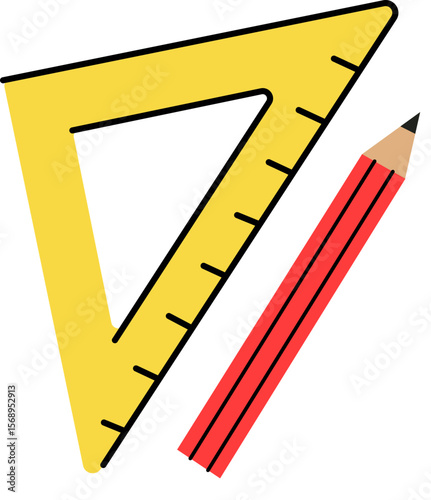 A yellow triangle ruler and a red pencil