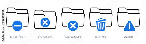 A set of 5 mix icons as minus folder, remove folder, trash folder