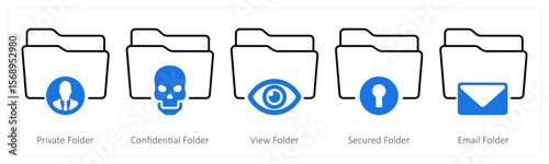 A set of 5 mix icons as private folder, confidential folder, view folder