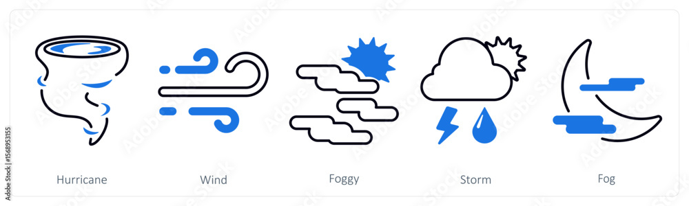 A set of 5 mix icons as hurricane, wind, foggy A set of 5 mix icons as hurricane, wind, foggy