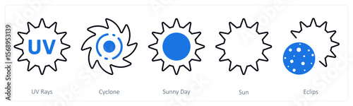 A set of 5 mix icons as uv rays, cyclone, sunny day