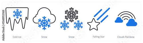A set of 5 mix icons as cold ice, snow, falling star
