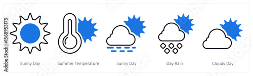 A set of 5 mix icons as sunny day, summer temperature, day rain