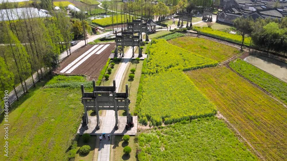Explore the stunning aerial views of Tangyue pagoda group in South Anhui Hui Zhou at golden hour
