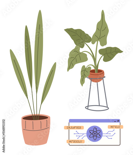 Two potted green plants, one on a stand, paired with an atomic science diagram. Ideal for science, sustainability, biology, eco-education, modern design, nature-tech fusion simple flat metaphor