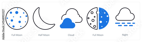 A set of 5 mix icons as full moon, half moon, cloud