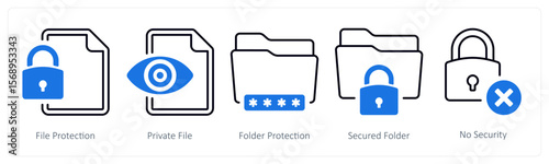 A set of 5 mix icons as file protection, private file, folder protection