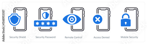 A set of 5 mix icons as security shield, security password, remote control