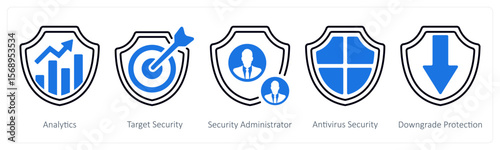 A set of 5 mix icons as analytics, target security, security administrator