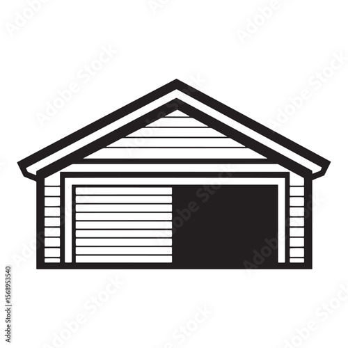 Simple black and white garage illustration with open door for home construction concept