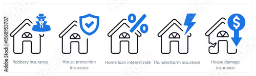 A set of 5 mix icons as robbery insurance, house protection insurance, home loan interest rate
