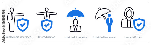 A set of 5 mix icons as employement insurance, insured person, individual insurance