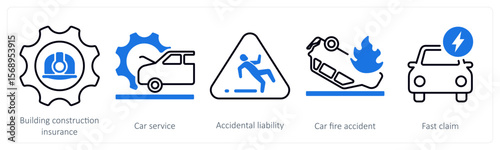 A set of 5 mix icons as building construction, car service, accidental liability