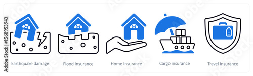 A set of 5 mix icons as earthquake damange, flood insurance, home insurance