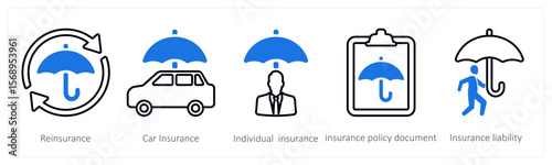 A set of 5 mix icons as reinsurance, car insurance, individual insurance