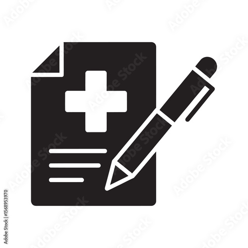 Medical prescription glyph icon with a health document pen and cross symbol for a doctor's order treatment plan or medicine form
