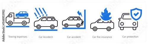 A set of 5 mix icons as towing expenses, car accident, car fire insurance