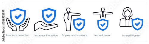 A set of 5 mix icons as insurance protection, employement insurance, insured person