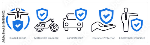 A set of 5 mix icons as insured person, motorcycle insurance, car protection