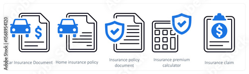 A set of 5 mix icons as car insurance document, home insurance policy, insurance policy document