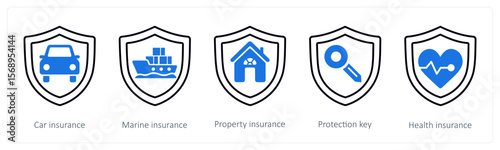 A set of 5 mix icons as car insurance, marine insurance, property insurance