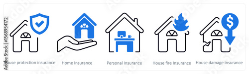 A set of 5 mix icons as house protection insurance, home insurance, personal insurance