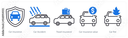 A set of 5 mix icons as car insurance, car accident, travel insurance