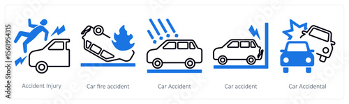 A set of 5 mix icons as accident injury, car fire accident, car accident