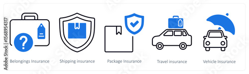 A set of 5 mix icons as belongings insurance, shipping insurance, package insurance