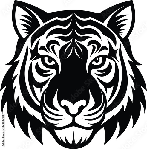 Intense black and white tiger face tribal tattoo design silhouette