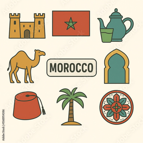 Morocco Icon Set with Historic Castles, National Flag, Traditional Teapot, Camel, and Cultural Symbols in Flat Design