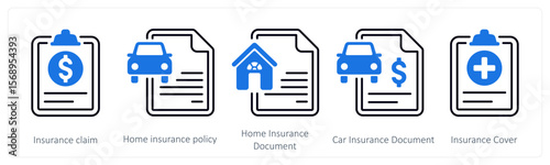 A set of 5 mix icons as insurance claim, home insurance policy, car insurance document