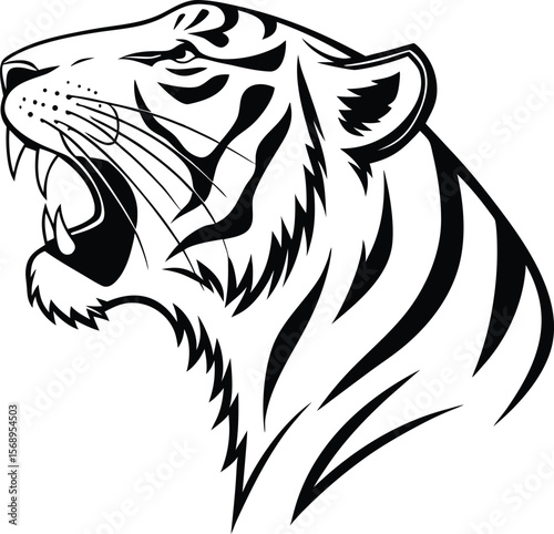 Fierce tiger head roaring with sharp teeth and stripes in a bold silhouette