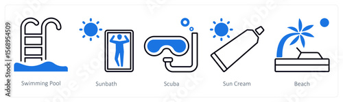 A set of 5 mix icons as swimming pool, sunbath, scuba