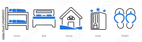A set of 5 mix icons as hostel, bed, house